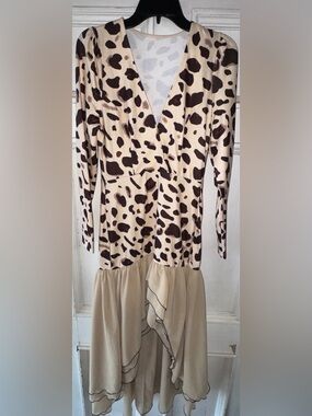 Animal Print V-Neck Long Sleeve Dress in Cream and Brown